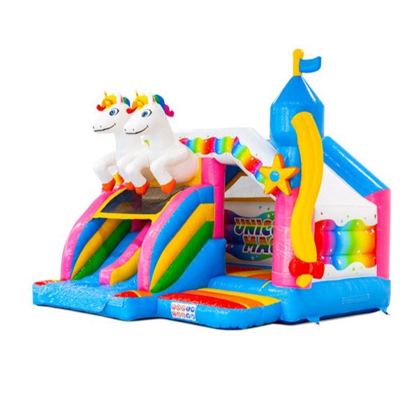 Springkasteel eenhoorn dubbele glijbaan SPringkasteel huren van unicorn met dubbele glijbaan